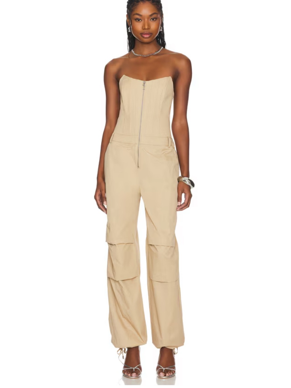 Retrofete Beige Strapless Zip-Front Jumpsuit